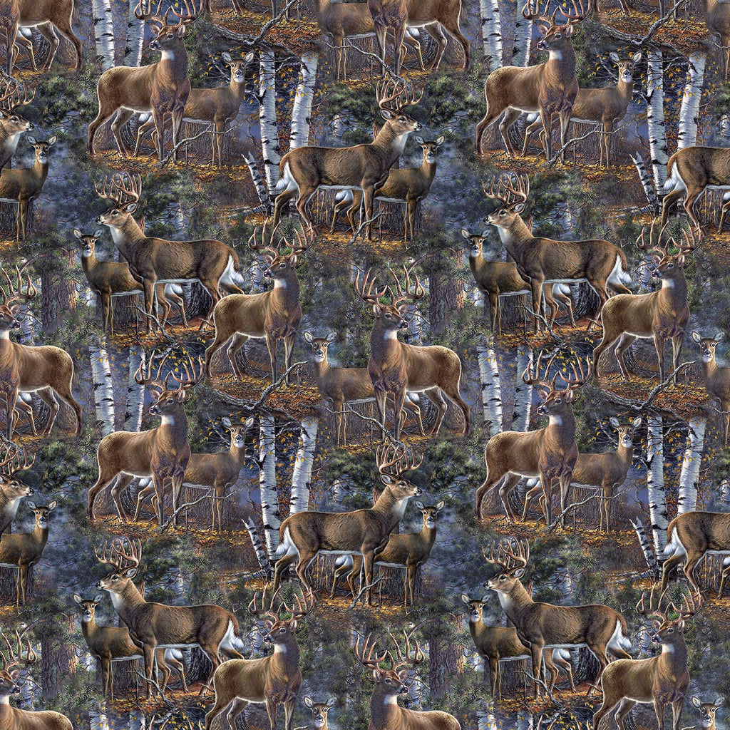 Repeating Scene of Deer Family in the Woods. Fabric