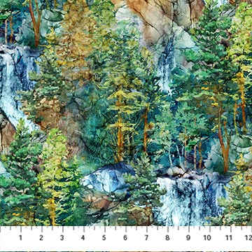 Cedarcrest Falls by Deborah Edwards and Melanie Samra for Northcott Fabrics. Teal Multi Mountain Waterfall Scene - An Outdoor Watercolor-esque Scene featuring Pine Trees and  Majestic Waterfalls on a Mountainside in Blues, Greens, Grays, and Browns.