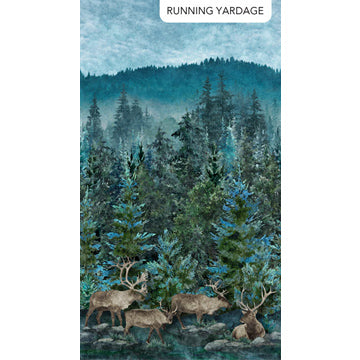 Stonehenge Migration by Linda Ludovico for Northcott Fabrics. Dark Teal Multi - Resting Elk at the Base of a Forested Mountain.