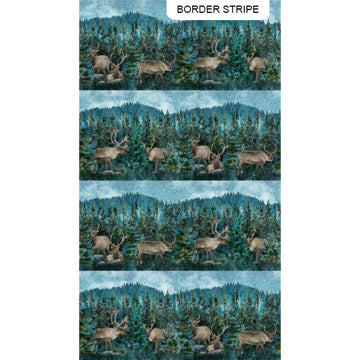 Stonehenge Migration by Linda Ludovico for Northcott Fabrics. Dark Teal Multi - Border Stripes of an Elk Scene in the Woods.