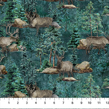 Stonehenge Migration by Linda Ludovico for Northcott Fabrics. Dark Teal Multi - Repeating Pattern of Elks Amongst the Trees on a Mottled Dark Teal Blue Background.