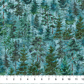 Stonehenge Migration by Linda Ludovico for Northcott Fabrics. Medium Teal Multi - A Forest of Trees on a Splotchy Teal Blue Background.