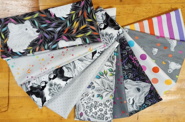 Fat Quarter selection of 10 fabrics in the Tula Pink True Colors Graywork for FreeSpirit. 