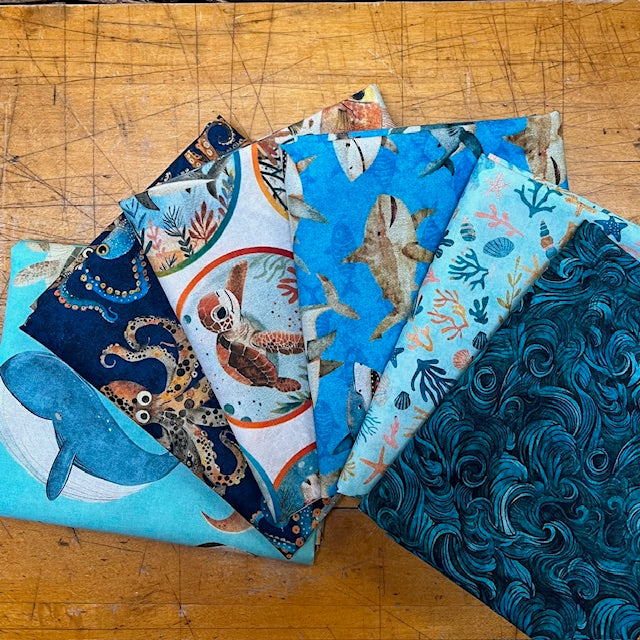 Deep Sea Dazzle by the Morris Creative Group for QT Fabrics. 6&nbsp;Fabrics included in bundle.