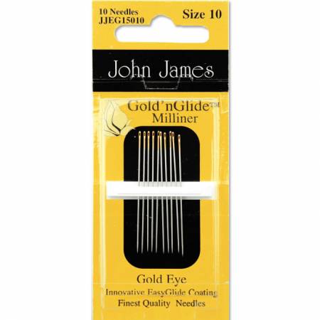 Milliners/Straw needles size 10. Needle slides effortlessly through fabric and batting. 14K gold eye for easy threading. 10ct. Innovative line of coated needles from the renowned John James of England.