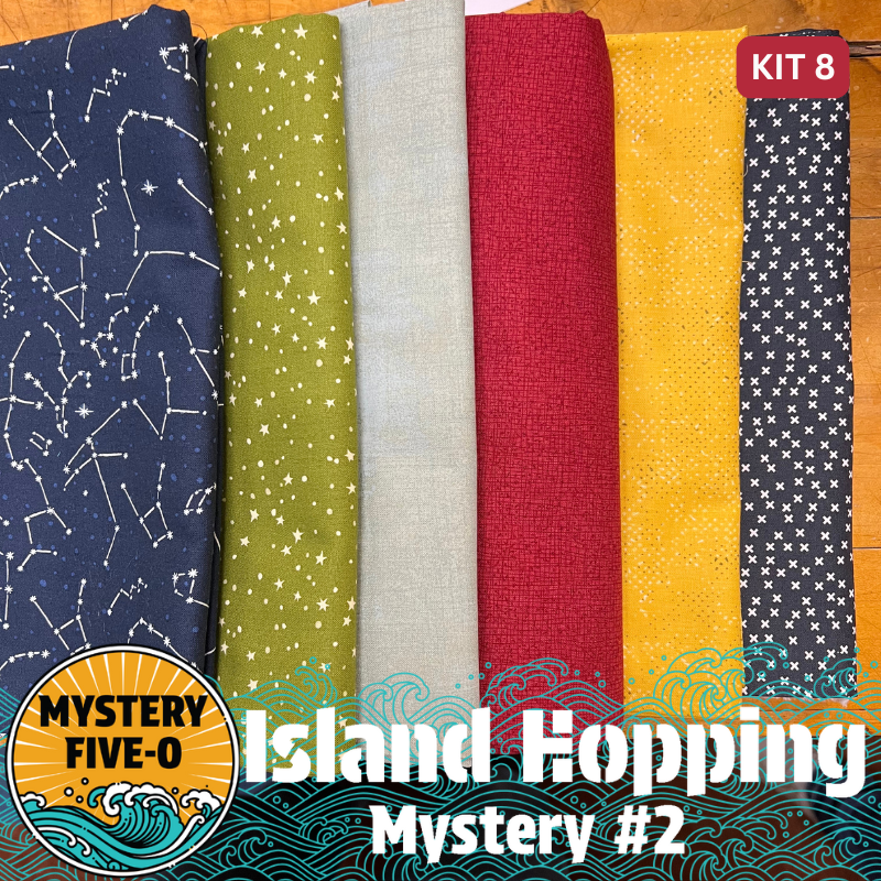 Our Island Hopping Kit #8 has all the fabrics you need for either setting of the Island Hopping Mystery - Island Hopping Vacation (68.5”x 86.5”) or Island Hopping Adventure (71.75” x 91.75”). Binding is also included in the kit. Backing is not included.