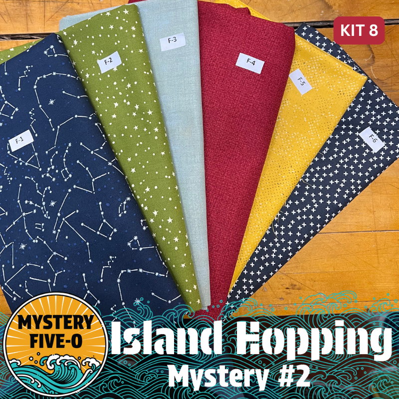 Our Island Hopping Kit #8 has all the fabrics you need for either setting of the Island Hopping Mystery - Island Hopping Vacation (68.5”x 86.5”) or Island Hopping Adventure (71.75” x 91.75”). Binding is also included in the kit. Backing is not included.
