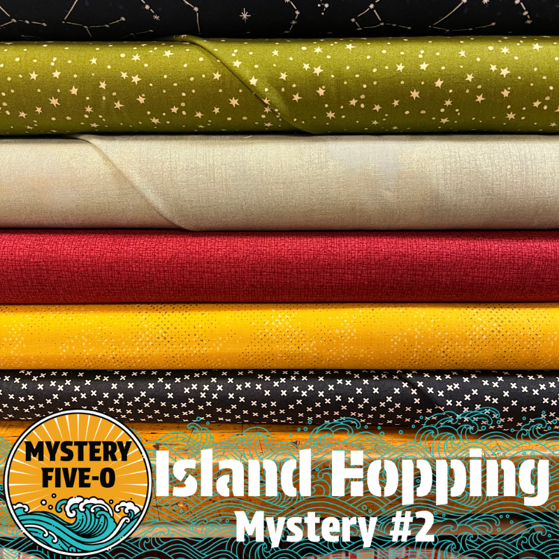 Our Island Hopping Kit #8 has all the fabrics you need for either setting of the Island Hopping Mystery - Island Hopping Vacation (68.5”x 86.5”) or Island Hopping Adventure (71.75” x 91.75”). Binding is also included in the kit. Backing is not included.
