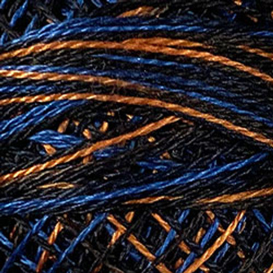 Valdani Variegated Color Pearl Cotton Ball Available in Sz. 12 - 109 yds. - great for applique, wool applique, big-stitch quilting. Moonlit Mountains - blacks, navy, blues, and orange. 