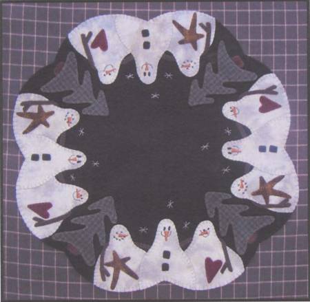 Wool applique mat with three friendly snowman with hearts and trees. 