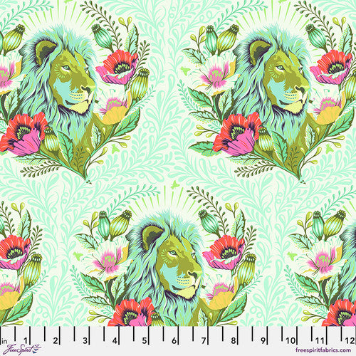 Repeating pattern of green-toned lions in brightly-colored floral vignettes on a white and mint green floral background. Fabric