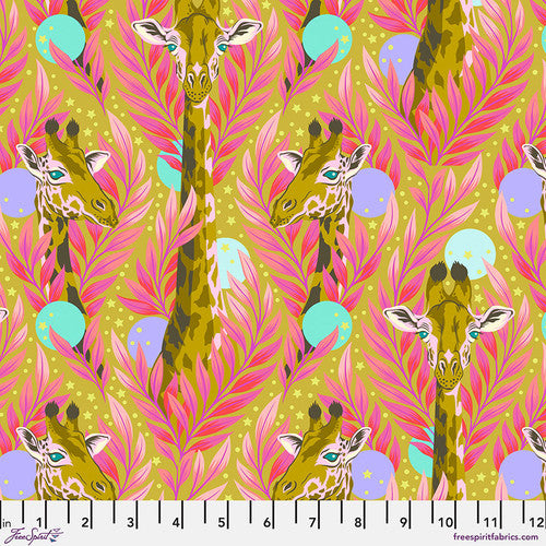 Mustard-colored giraffes standing amongst mint and purple dots and feathery pink leaves on a mustard yellow background. Small white stars also surround the animals. Fabric