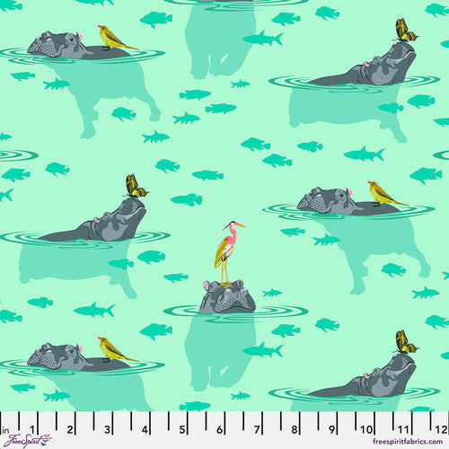Hippos with flamingoes, birds, and butterflies resting upon their backs and snouts, as they swim in a teal green watery background. Fabric