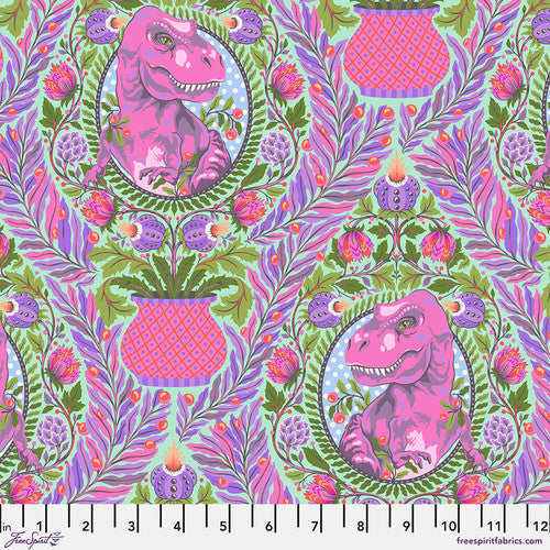 ROAR! by Tula Pink for FreeSpirit Fabrics. Tree Rex - Mist: Vignettes of Pink T-Rexes Surround by Pink, Purple, and Green Flowers on a Light Mint Background