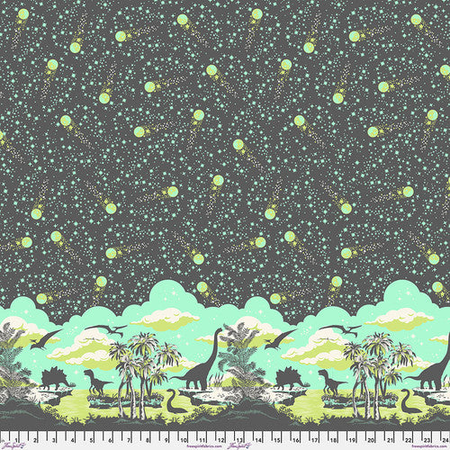 ROAR! by Tula Pink for FreeSpirit Fabrics. Meteor Showers - Storm: A Buzzing Meteor Shower in Bright Greens on a Soft Black Background, Bordered by a Scene of Unsuspecting Dinosaurs in a Green and Gray Scene