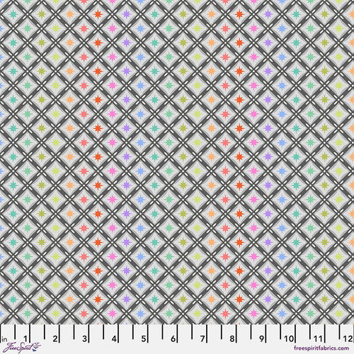 ROAR! by Tula Pink for FreeSpirit Fabrics.Stargazer - Storm: Rainbow Stars Set in a Soft Black and White Diagonal Pattern