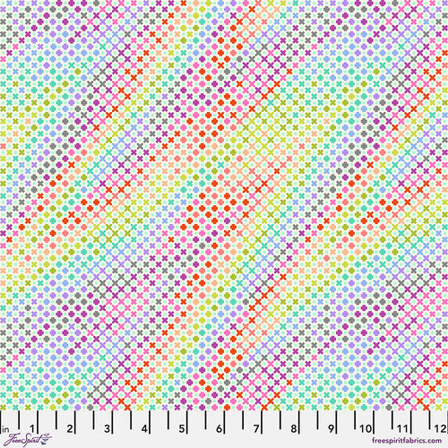 ROAR! by Tula Pink for FreeSpirit Fabrics. Northern Lights - Mint: A Wavy Rainbow Pattern Created by Smaller Multi-Colored Shapes