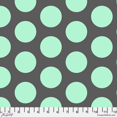 ROAR! by Tula Pink for FreeSpirit Fabrics. Dinosaur Eggs - Mint: Light Mint Polka Dots on a Soft Gray Background