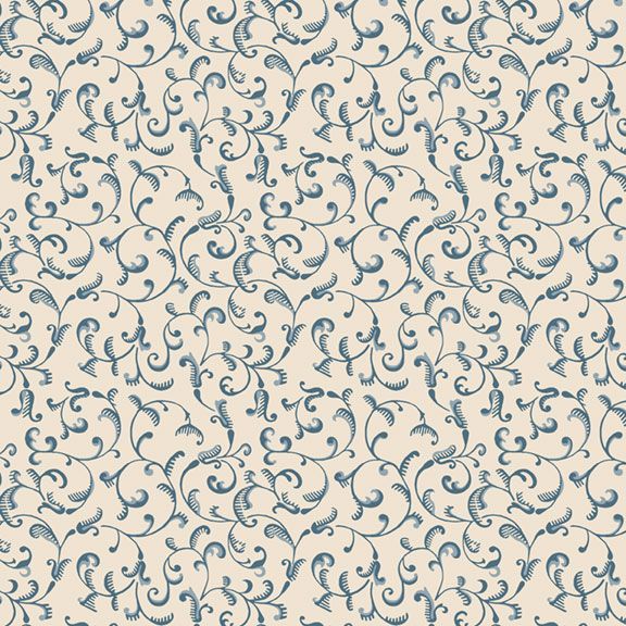 Genevieve by Carrie Quinn for Marcus Fabrics. Scrollwork Cream  Classic Scrollwork done in a Medium Navy on a Crisp Cream Background! Feminine and Traditional! 