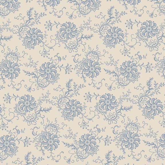 Genevieve by Carrie Quinn for Marcus Fabrics. Fancy Floral Cream  Beautiful, Traditional Florals and Scrollwork done in a Light Blue on a Cream Background. A Soft and Feminine Civil War! 