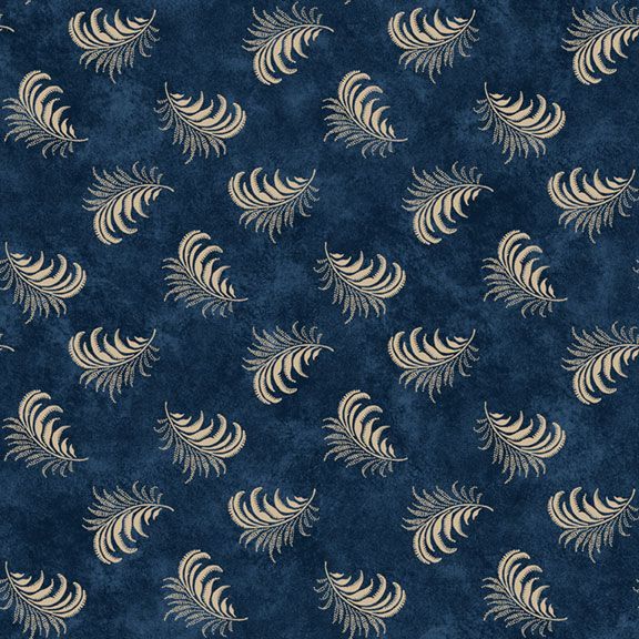Genevieve by Carrie Quinn for Marcus Fabrics. Feathers Navy Traditional and Wipsy Cream Feathers on a Navy to Medium Blue Background. Light Shadowing on Feathering. The Blue and Cream have a Beautiful Contrast! 