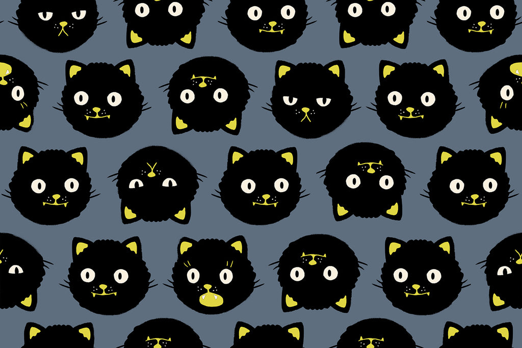 Good Spirits: A Collaborative Collection by the Ruby Star Society for Moda Fabrics. Ghostly - Cartoon Black Cat Faces on a Medium Gray Background.