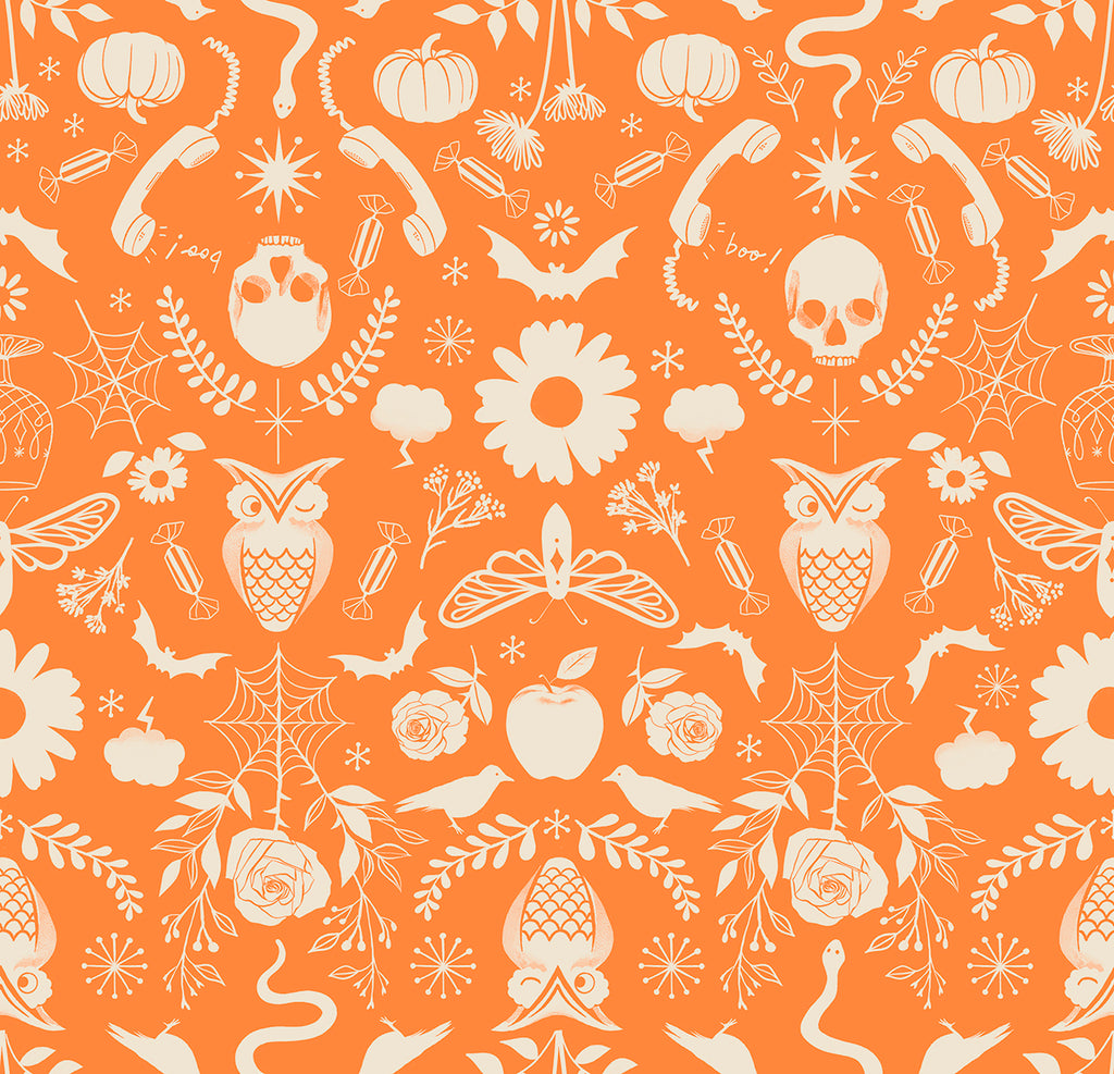 Good Spirits: A Collaborative Collection by the Ruby Star Society for Moda Fabrics. Pumpkin - White Halloween-esque Figures, such as Owls, Skulls, Crows, Bats, and Much More on a Bright Orange Background.