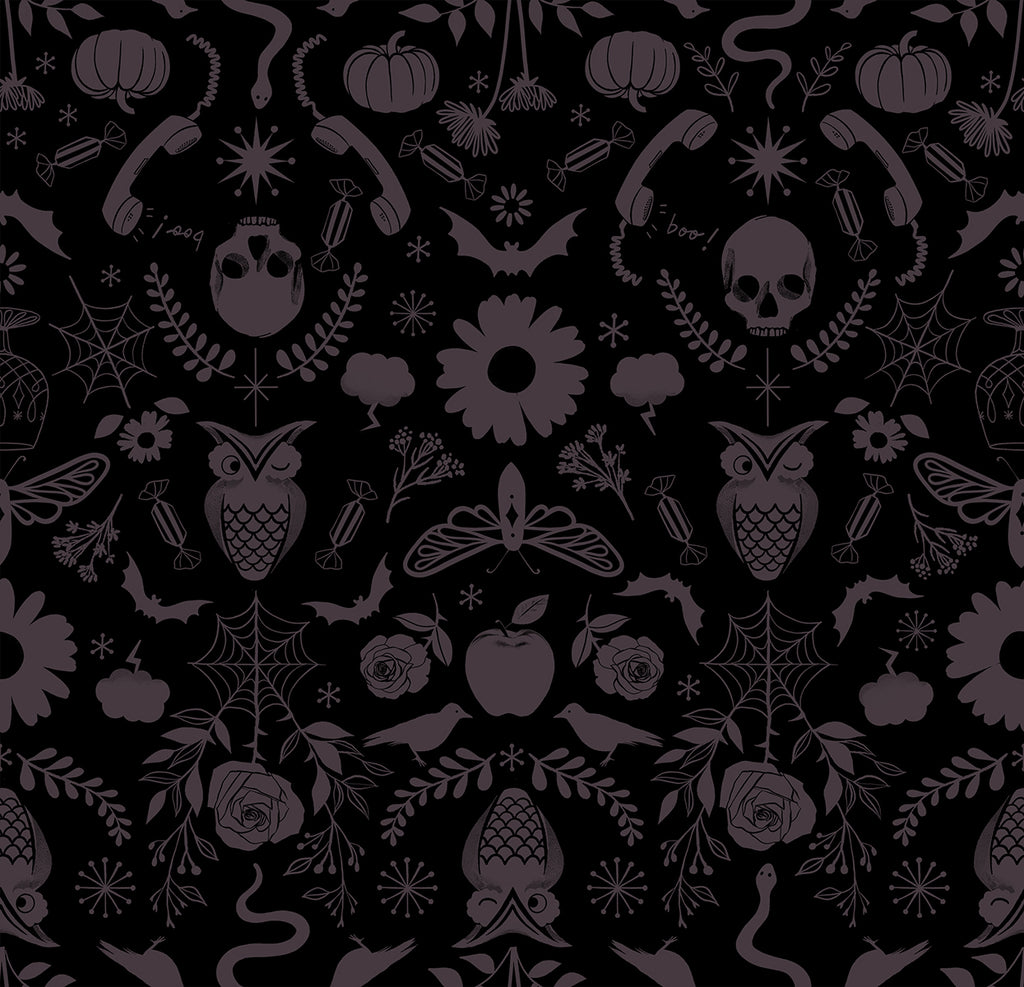 Good Spirits: A Collaborative Collection by the Ruby Star Society for Moda Fabrics. Black - Purplish Gray Halloween-esque Figures, such as Owls, Skulls, Crows, Bats, and Much More on a Black Background.