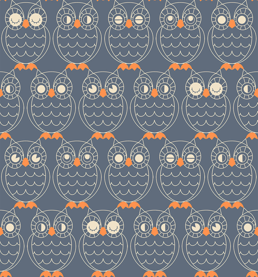 Good Spirits: A Collaborative Collection by the Ruby Star Society for Moda Fabrics. Ghostly - Outlines of Owls with Different Faces on a Medium Gray Background.