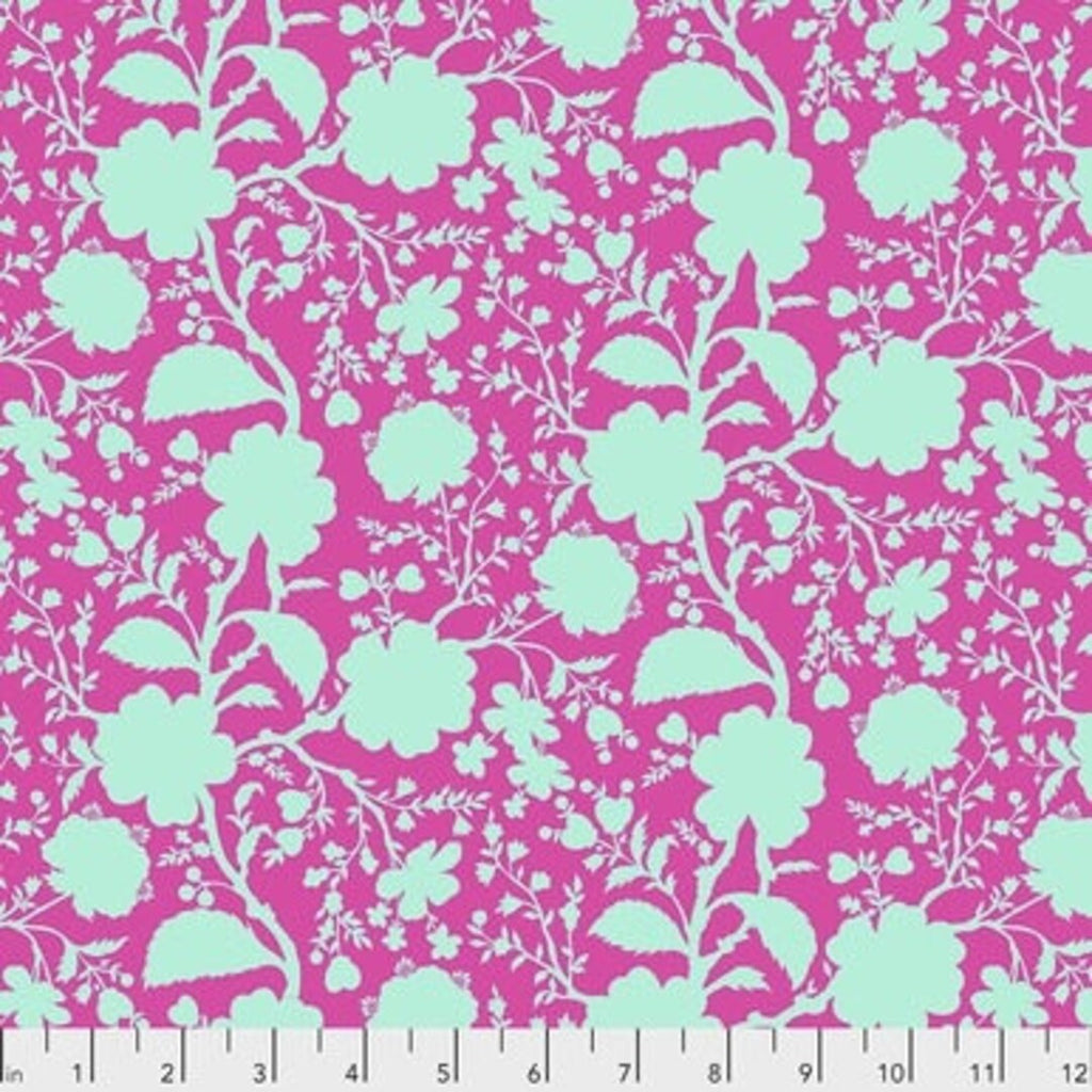 Bright magenta with a teal wildflower pattern layered on top. Fabric 