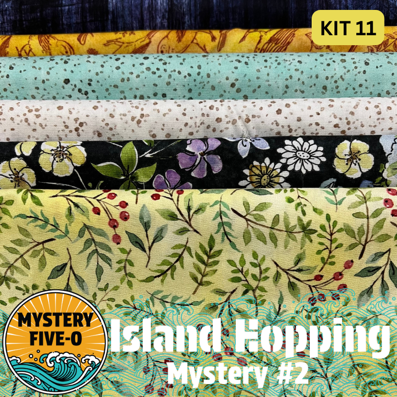 Our Island Hopping Kit #11 has all the fabrics you need for either setting of the Island Hopping Mystery - Island Hopping Vacation (68.5”x 86.5”) or Island Hopping Adventure (71.75” x 91.75”). Binding is also included in the kit. Backing is not included