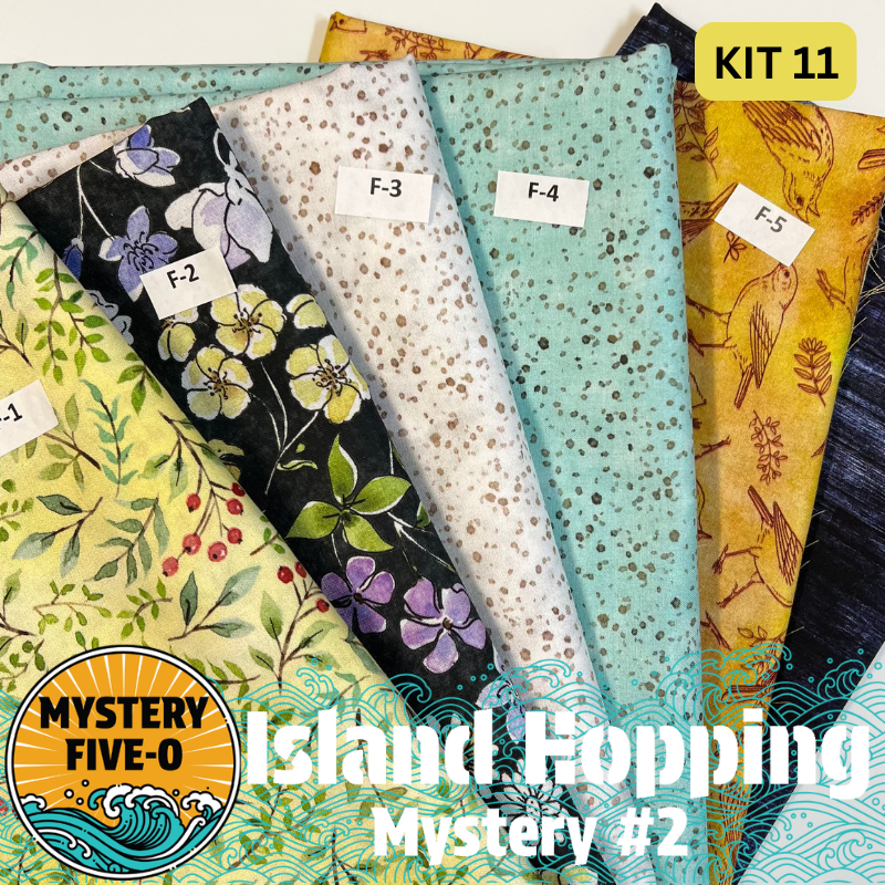 Our Island Hopping Kit #11 has all the fabrics you need for either setting of the Island Hopping Mystery - Island Hopping Vacation (68.5”x 86.5”) or Island Hopping Adventure (71.75” x 91.75”). Binding is also included in the kit. Backing is not included