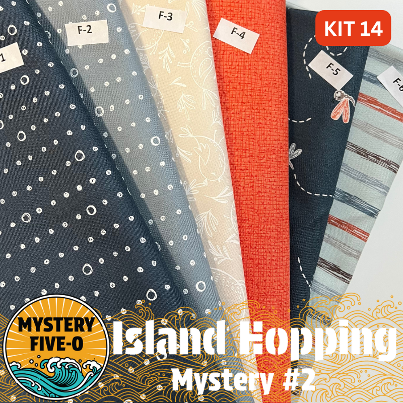 Our Island Hopping Kit #14 has all the fabrics you need for either setting of the Island Hopping Mystery - Island Hopping Vacation (68.5”x 86.5”) or Island Hopping Adventure (71.75” x 91.75”). Binding is also included in the kit. Backing is not included.