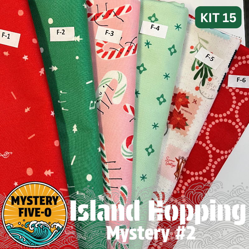 Our Island Hopping Kit #15 has all the fabrics you need for either setting of the Island Hopping Mystery - Island Hopping Vacation (68.5”x 86.5”) or Island Hopping Adventure (71.75” x 91.75”). Binding is also included in the kit. Backing is not included.