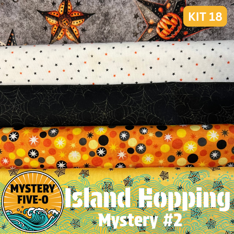 Our Island Hopping Kit #18 has all the fabrics you need for either setting of the Island Hopping Mystery - Island Hopping Vacation (68.5”x 86.5”) or Island Hopping Adventure (71.75” x 91.75”). Binding is also included in the kit. Backing is not included.