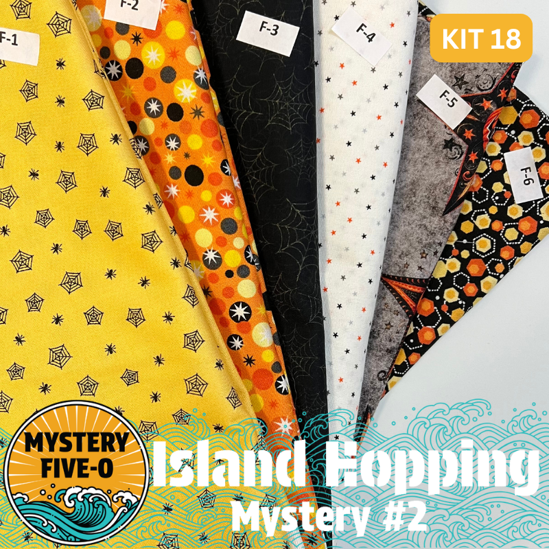 Our Island Hopping Kit #18 has all the fabrics you need for either setting of the Island Hopping Mystery - Island Hopping Vacation (68.5”x 86.5”) or Island Hopping Adventure (71.75” x 91.75”). Binding is also included in the kit. Backing is not included.