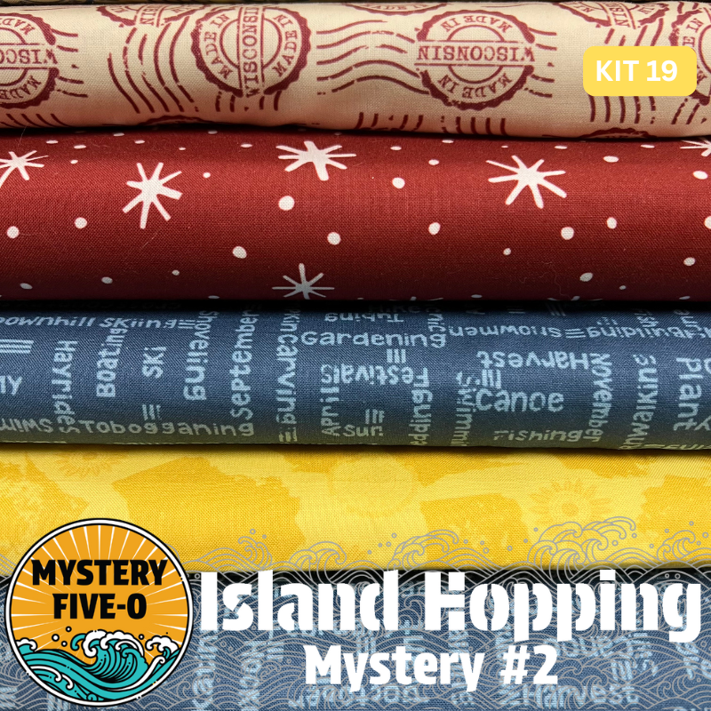 Our Island Hopping Kit #19 has all the fabrics you need for either setting of the Island Hopping Mystery - Island Hopping Vacation (68.5”x 86.5”) or Island Hopping Adventure (71.75” x 91.75”). Binding is also included in the kit. Backing is not included.