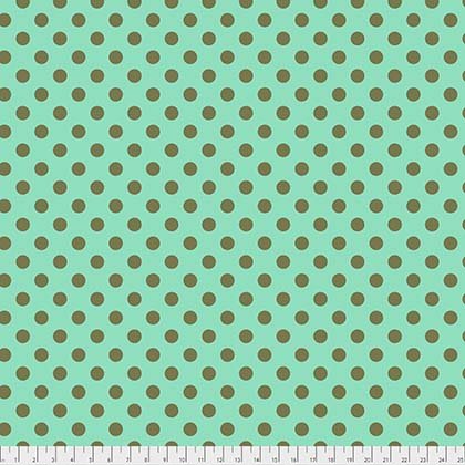 Minty teal background with olive green polka dots on top. Fabric 