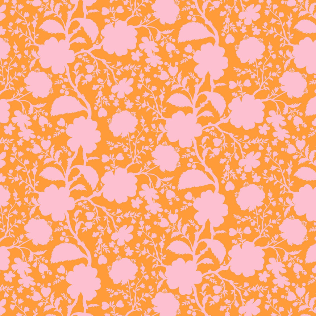 Bright orange fabric with a medium pink floral pattern.