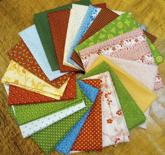 Fat Quarter Bundle of 20 fabrics in the Sally's Stitches fabric line designed by Betsy Chutchian for Moda. 