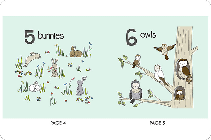 Page 4 and 5 has bunnies and owls.