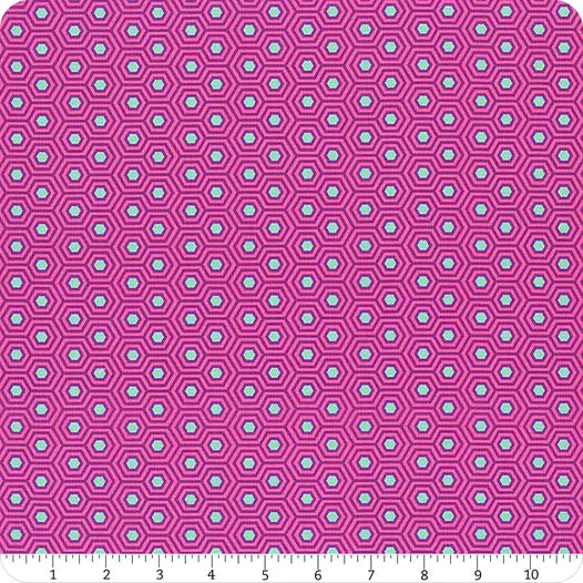 Teal hexagons surrounded by a lighter magenta and outlined by a darker shade. Fabric 