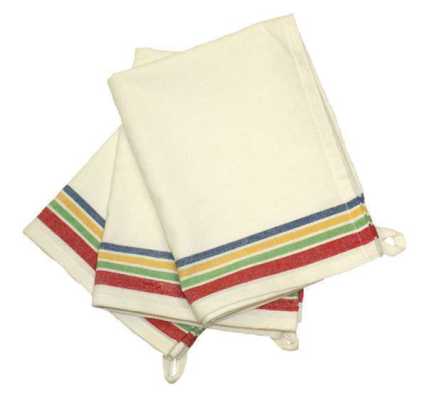 Set of 3 Aunt Martha's kitchen towels 1930's design  flour sack with blue, yellow, green and red stripes. Each towel measures 18 x 28.