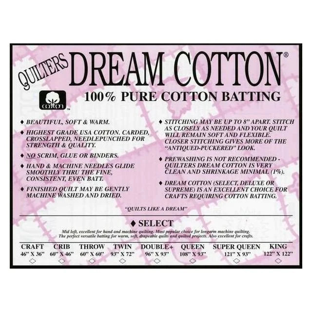 Quilters Dream Batting n4d Double Select Cotton – River's Edge Antiques and  Quilt Loft
